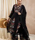 Rajgranth women's faux georgette fabric thread embroidery kurta with pants