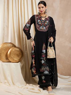 Rajgranth women's faux georgette fabric thread embroidery kurta with pants 3