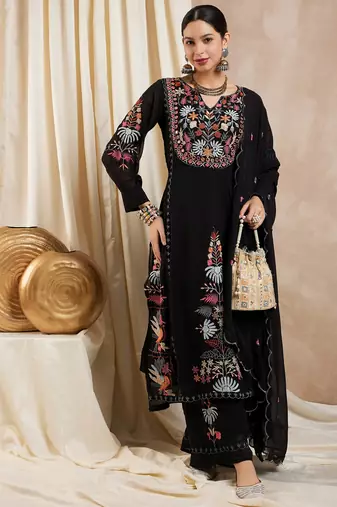Rajgranth women's faux georgette fabric thread embroidery kurta with pants