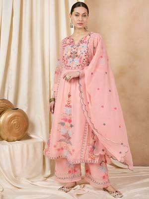 Rajgranth women's faux georgette fabric thread embroidery kurta with pants 1