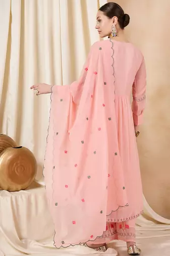 Rajgranth women's faux georgette fabric thread embroidery kurta with pants