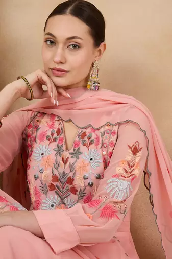 Rajgranth women's faux georgette fabric thread embroidery kurta with pants