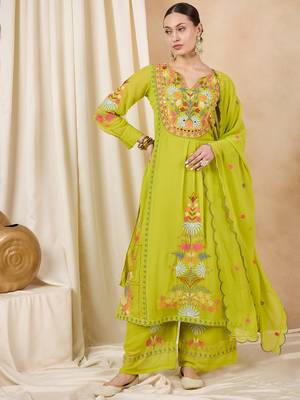 Rajgranth women's faux georgette fabric thread embroidery kurta with pants 1
