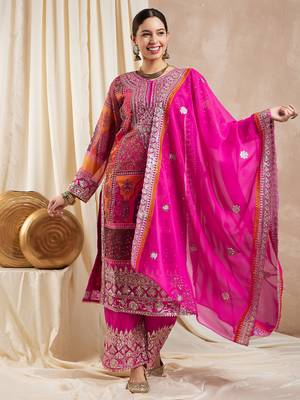 Rajgranth women's faux georgette fabric zari embroidery kurta with pants 1