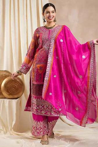 Rajgranth women's faux georgette fabric zari embroidery kurta with pants