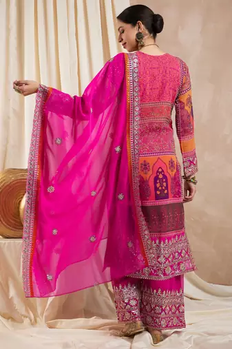 Rajgranth women's faux georgette fabric zari embroidery kurta with pants
