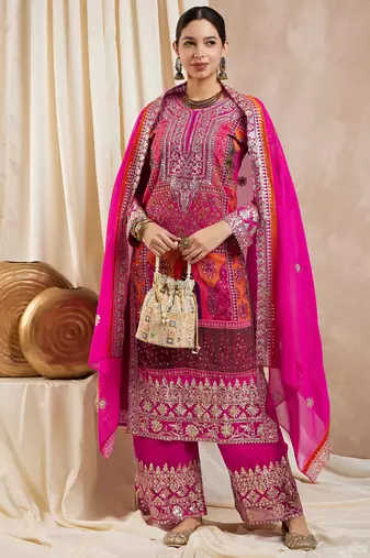Rajgranth women's faux georgette fabric zari embroidery kurta with pants