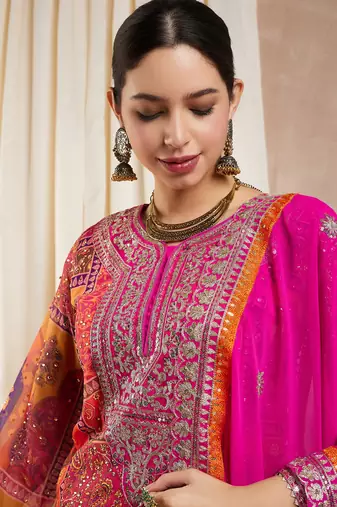 Rajgranth women's faux georgette fabric zari embroidery kurta with pants