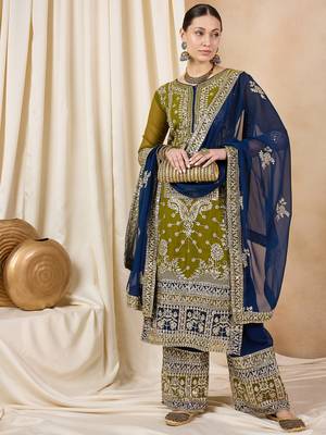 Rajgranth women's faux georgette fabric zari embroidery kurta with pants 1