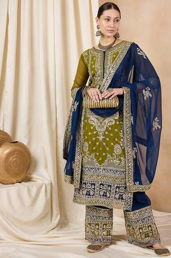 Rajgranth women's faux georgette fabric zari embroidery kurta with pants