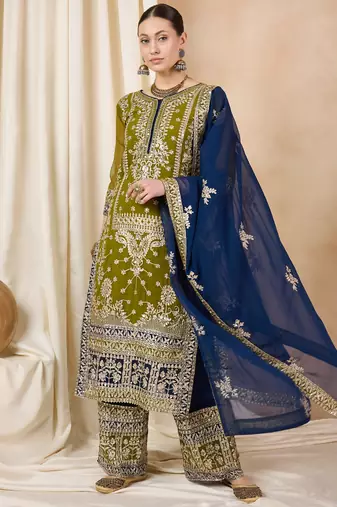 Rajgranth women's faux georgette fabric zari embroidery kurta with pants