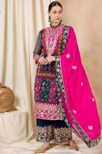 Rajgranth women's faux georgette fabric zari embroidery kurta with pants