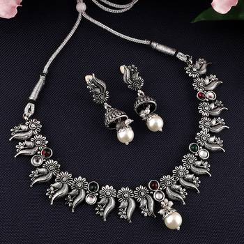 Mansiyaorange german silver floral pattern kempu stone necklace choker jewellery sets for women 1