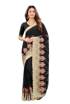 Black Zari Embroidered Moti Stone Border Net Saree With Attach Blouse Piece 1