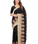 Black Zari Embroidered Moti Stone Border Net Saree With Attach Blouse Piece