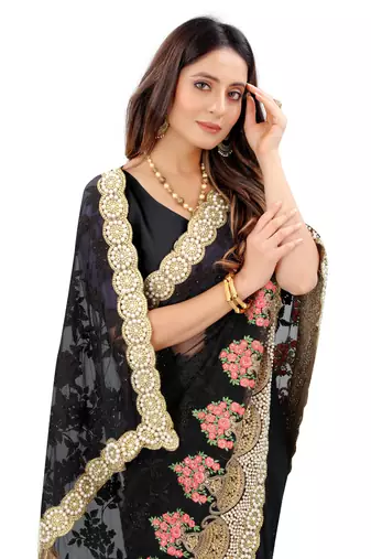 Black Zari Embroidered Moti Stone Border Net Saree With Attach Blouse Piece