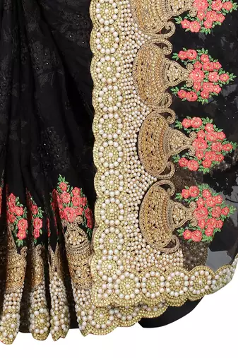 Black Zari Embroidered Moti Stone Border Net Saree With Attach Blouse Piece