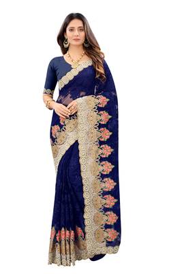 Navy Blue Zari Embroidered Moti Stone Border Net Saree With Attach Blouse Piece 1