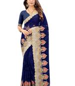 Navy Blue Zari Embroidered Moti Stone Border Net Saree With Attach Blouse Piece