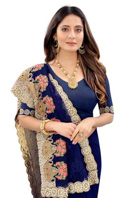 Navy Blue Zari Embroidered Moti Stone Border Net Saree With Attach Blouse Piece 2