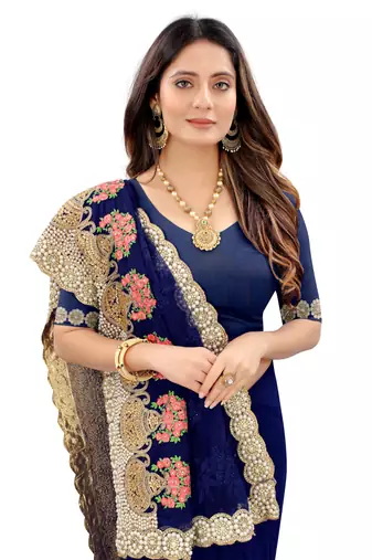 Navy Blue Zari Embroidered Moti Stone Border Net Saree With Attach Blouse Piece