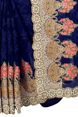 Navy Blue Zari Embroidered Moti Stone Border Net Saree With Attach Blouse Piece 3