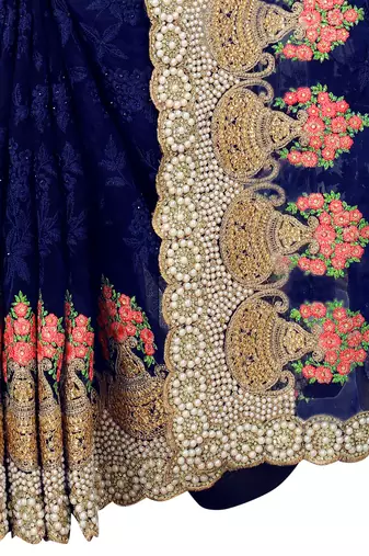 Navy Blue Zari Embroidered Moti Stone Border Net Saree With Attach Blouse Piece