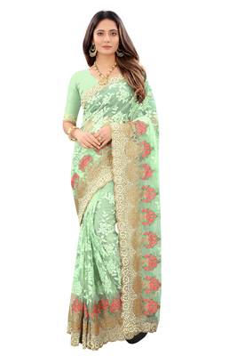 Green Zari Embroidered Moti Stone Border Net Saree With Attach Blouse Piece 1