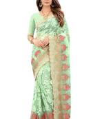 Green Zari Embroidered Moti Stone Border Net Saree With Attach Blouse Piece