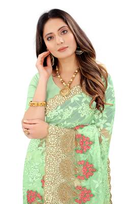Green Zari Embroidered Moti Stone Border Net Saree With Attach Blouse Piece 2