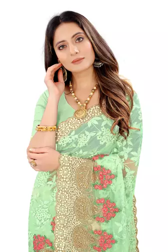 Green Zari Embroidered Moti Stone Border Net Saree With Attach Blouse Piece