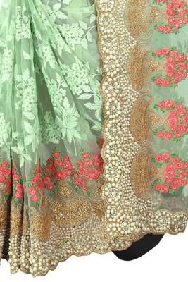 Green Zari Embroidered Moti Stone Border Net Saree With Attach Blouse Piece 3