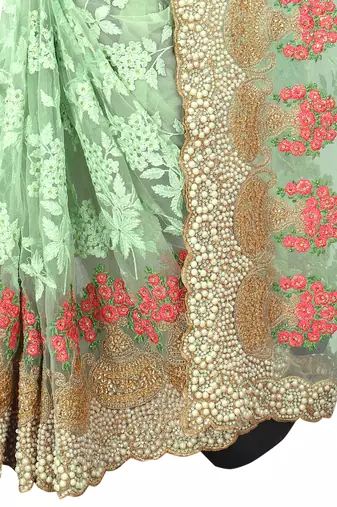 Green Zari Embroidered Moti Stone Border Net Saree With Attach Blouse Piece