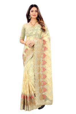 Yellow Zari Embroidered Moti Stone Border Net Saree With Attach Blouse Piece 1