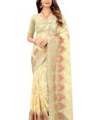 Yellow Zari Embroidered Moti Stone Border Net Saree With Attach Blouse Piece