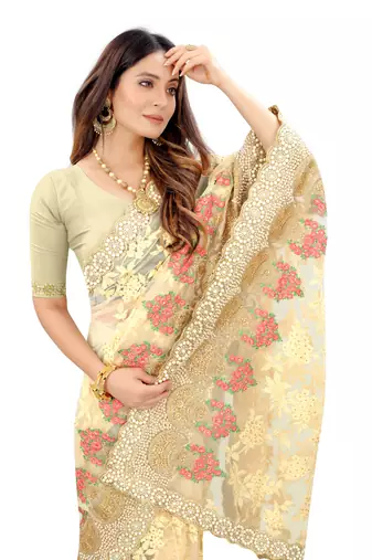 Yellow Zari Embroidered Moti Stone Border Net Saree With Attach Blouse Piece