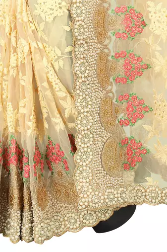 Yellow Zari Embroidered Moti Stone Border Net Saree With Attach Blouse Piece