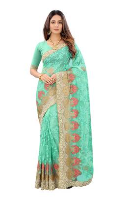 Sky Blue Zari Embroidered Moti Stone Border Net Saree With Attach Blouse Piece 1