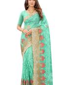 Sky Blue Zari Embroidered Moti Stone Border Net Saree With Attach Blouse Piece