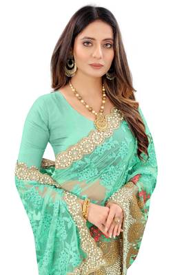 Sky Blue Zari Embroidered Moti Stone Border Net Saree With Attach Blouse Piece 2