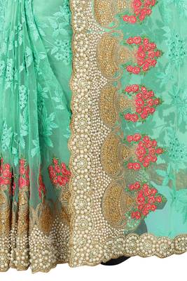 Sky Blue Zari Embroidered Moti Stone Border Net Saree With Attach Blouse Piece 3
