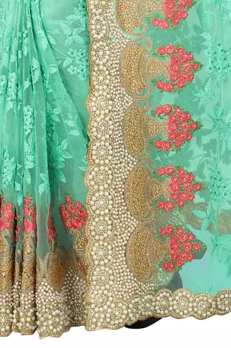 Sky Blue Zari Embroidered Moti Stone Border Net Saree With Attach Blouse Piece