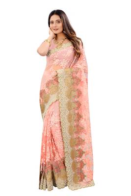 Light Pink Zari Embroidered Moti Stone Border Net Saree With Attach Blouse Piece 1
