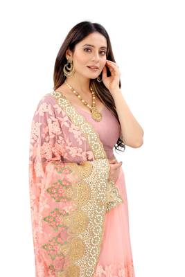 Light Pink Zari Embroidered Moti Stone Border Net Saree With Attach Blouse Piece 2