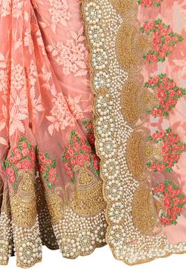 Light Pink Zari Embroidered Moti Stone Border Net Saree With Attach Blouse Piece 3