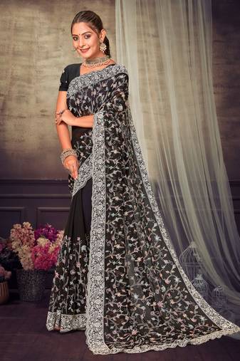 Black Chikankari Zari Resham Embroidered Georgette Party Wear Saree With Unstitch Blouse Piece
