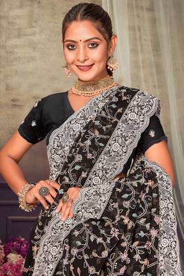 Black Chikankari Zari Resham Embroidered Georgette Party Wear Saree With Unstitch Blouse Piece 2
