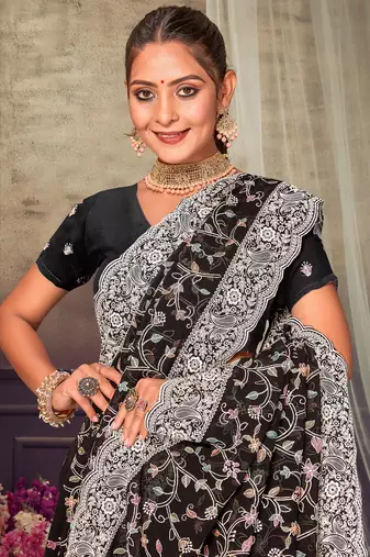 Black Chikankari Zari Resham Embroidered Georgette Party Wear Saree With Unstitch Blouse Piece