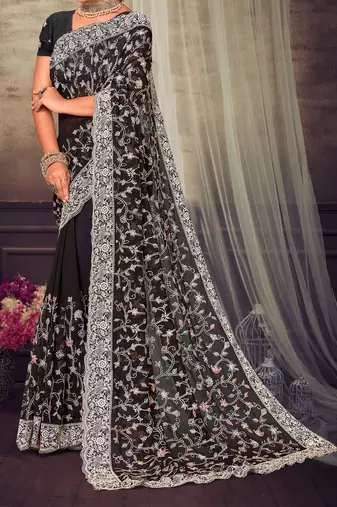 Black Chikankari Zari Resham Embroidered Georgette Party Wear Saree With Unstitch Blouse Piece