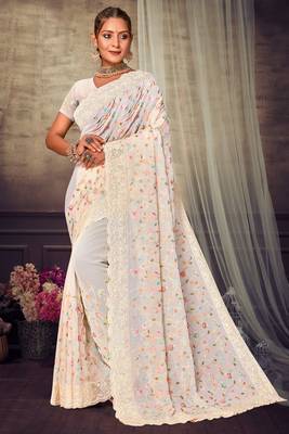 Off White Chikankari Zari Resham Embroidered Georgette Party Wear Saree With Unstitch Blouse Piece 1